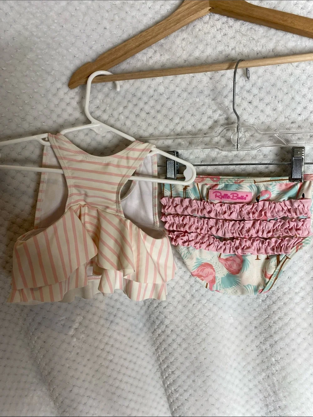 Ruffle Butts Pink and Cream Striped Flamingos Girls Swimsuit